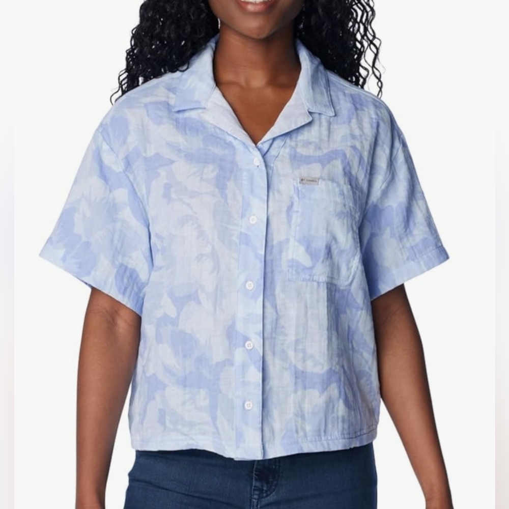 COLUMBIA Holly Hideaway Breezy Short Sleeve Top - Size L - Light Blue (NWT) - Picture 1 of 14